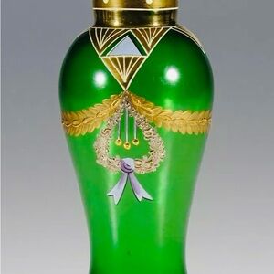 Museum Quality Antique Bohemian JOSEF RIEDEL GREEN SATIN VASE WITH FLORAL ENAMEL